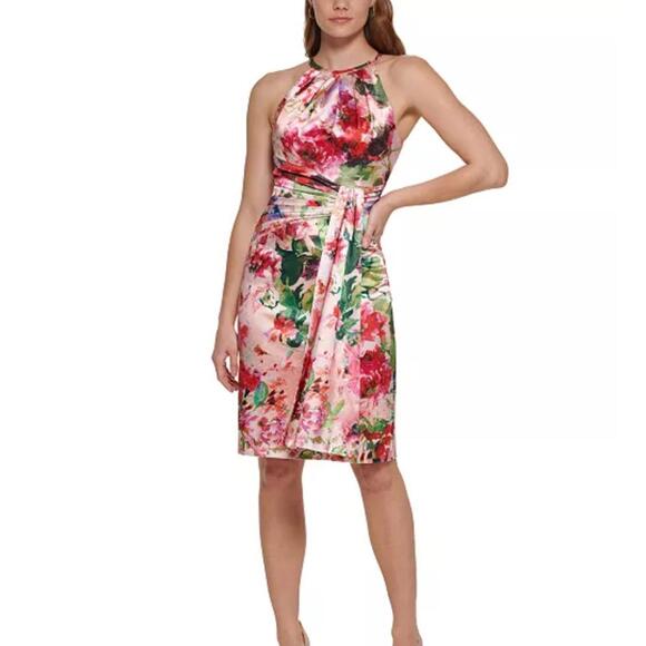 Eliza J Satin Floral Print Halter Sheath Bodycon Halter Watercolor Dress Size 2 - Picture 1 of 13